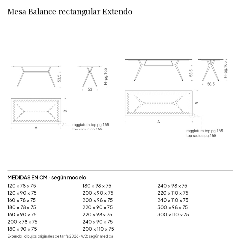 Mesa Balance rectangular Extendo: medidas y configuraciones