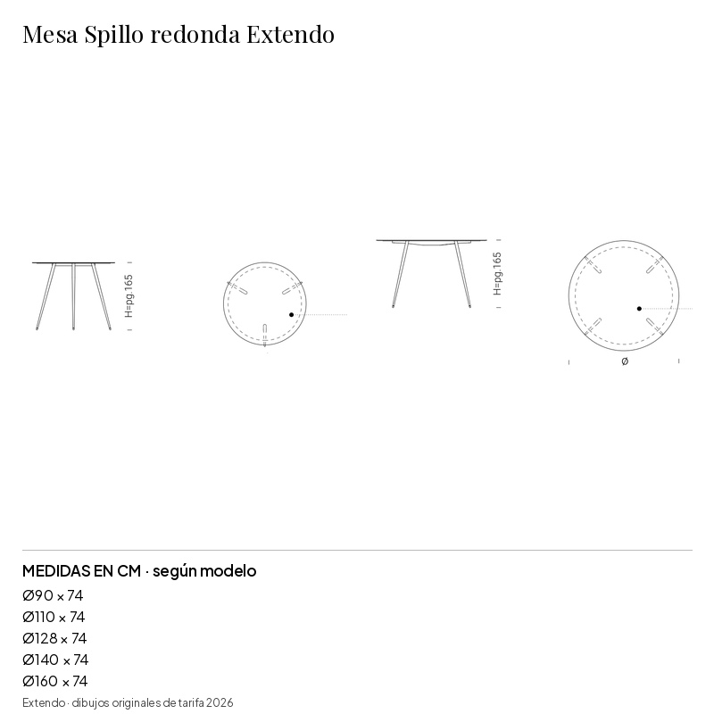 Mesa Spillo redonda Extendo: medidas y configuraciones