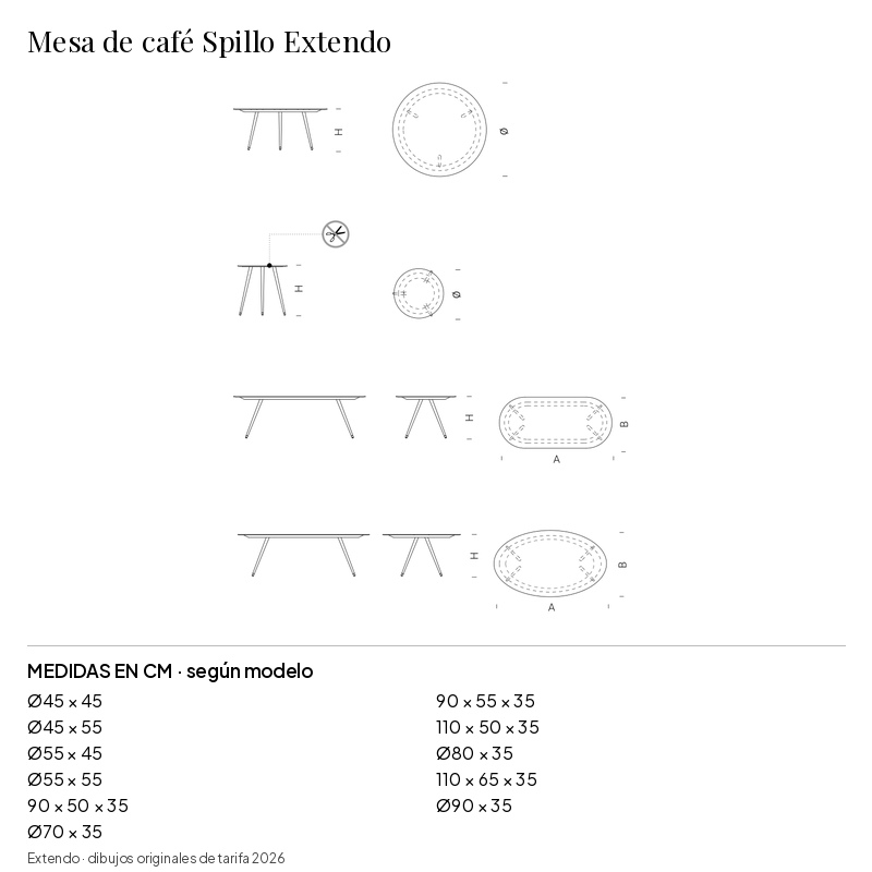 Mesa de café Spillo Extendo: medidas y configuraciones
