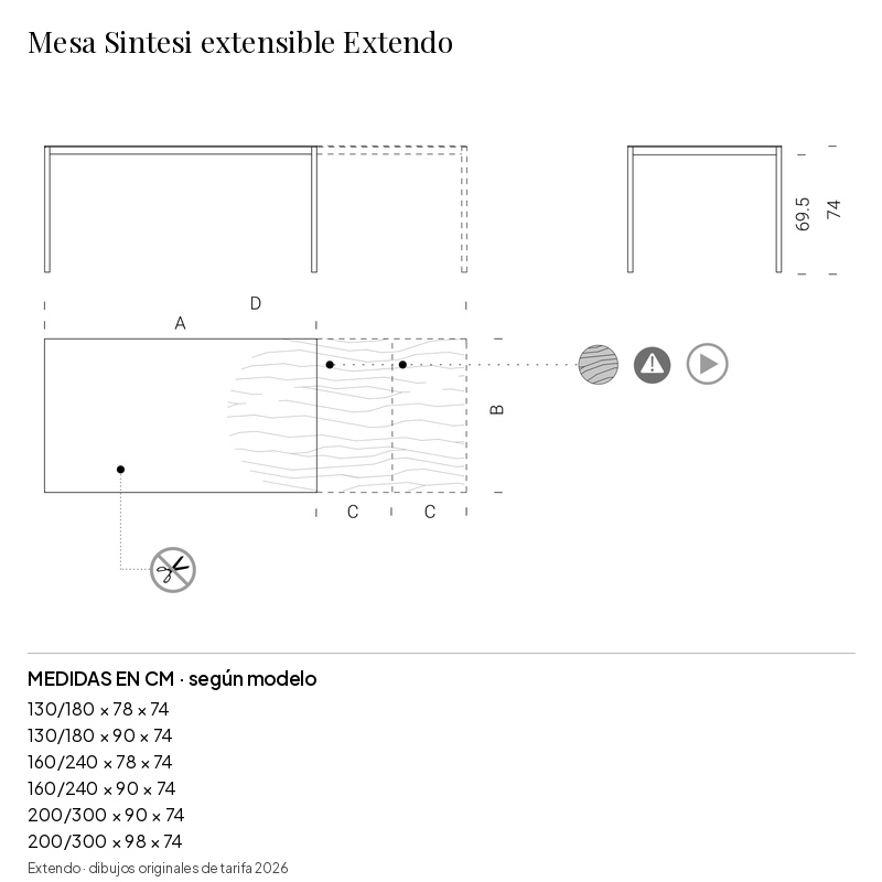 Mesa Sintesi extensible Extendo: medidas y configuraciones