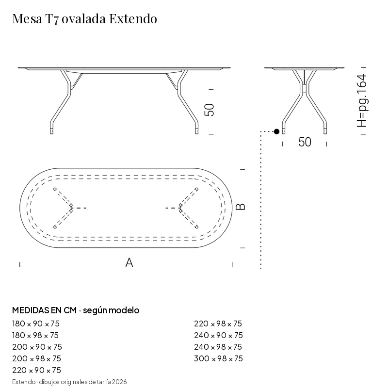Mesa T7 ovalada Extendo: medidas y configuraciones