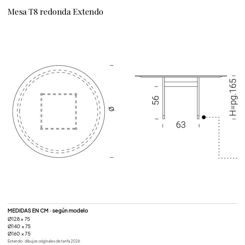 Mesa T8 redonda Extendo: medidas y configuraciones