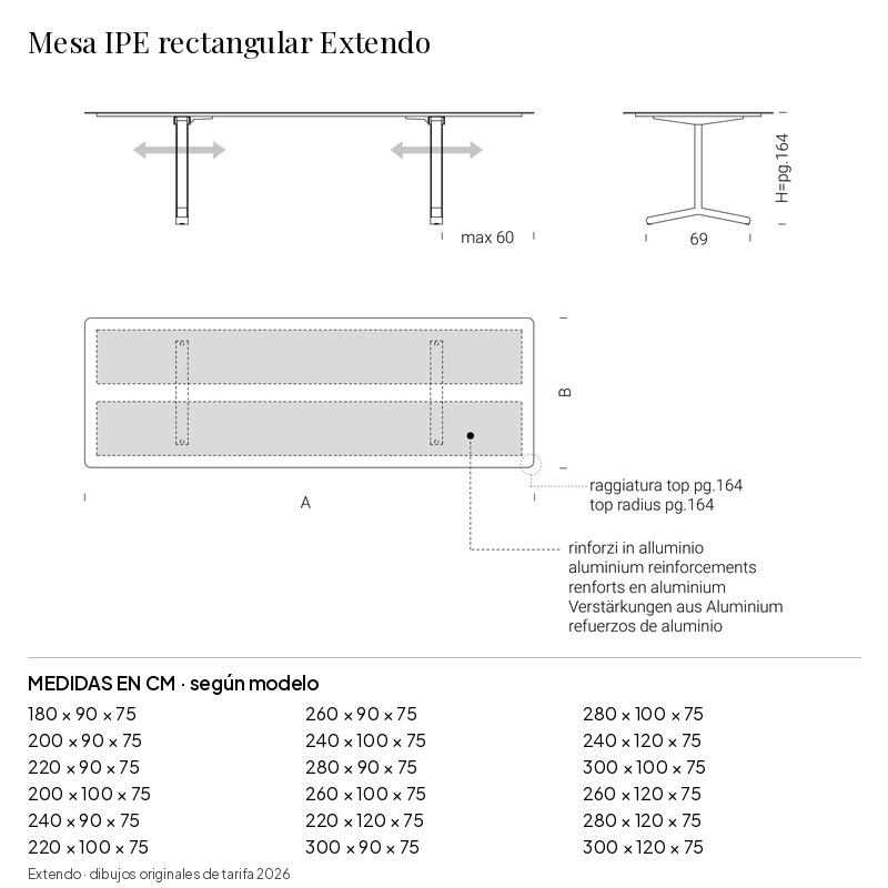 Mesa IPE rectangular Extendo: medidas y configuraciones