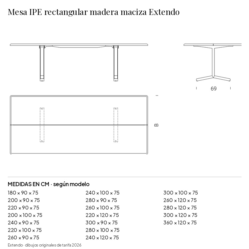 Mesa IPE rectangular madera maciza Extendo: medidas y configuraciones