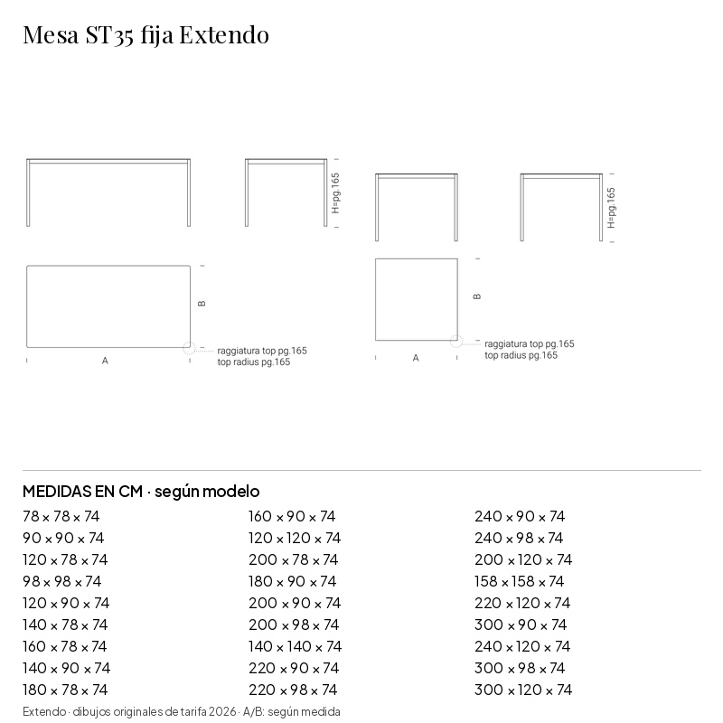 Mesa ST35 fija Extendo: medidas y configuraciones
